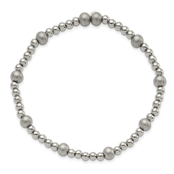 Stainless Steel Polished Sand Blasted Beaded Stretch Bracelet - Birthstone Company