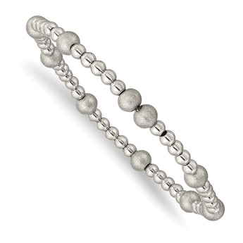 Stainless Steel Polished Sand Blasted Beaded Stretch Bracelet - Birthstone Company