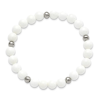 Stainless Steel Polished White Ceramic Beaded Stretch Bracelet - Birthstone Company