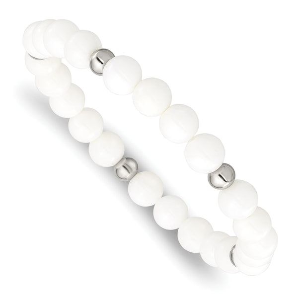 Stainless Steel Polished White Ceramic Beaded Stretch Bracelet - Birthstone Company