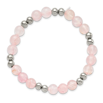 Stainless Steel Polished Pink Quartz Beaded Stretch Bracelet - Birthstone Company