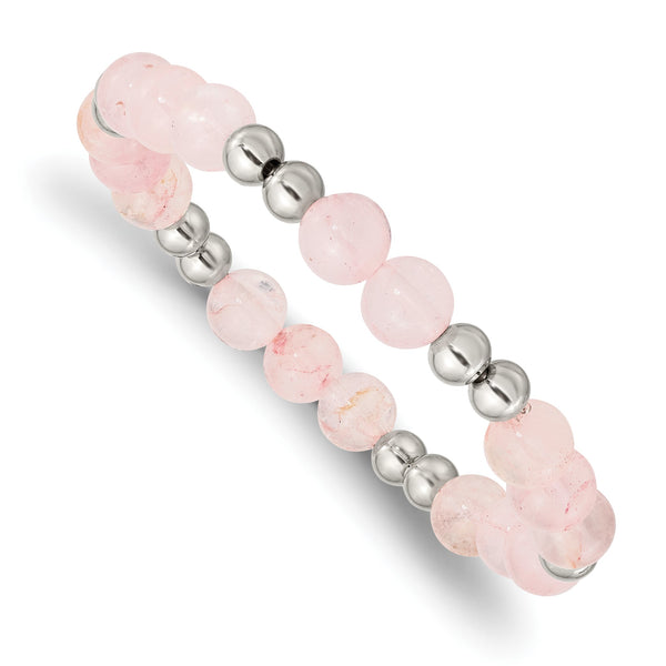 Stainless Steel Polished Pink Quartz Beaded Stretch Bracelet - Birthstone Company