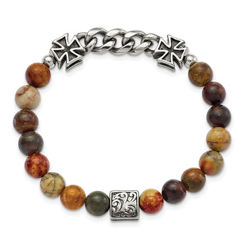 Stainless Steel Antiqued and Polished Cross 8mm Natural Turquoise Beaded Stretch Bracelet - Birthstone Company