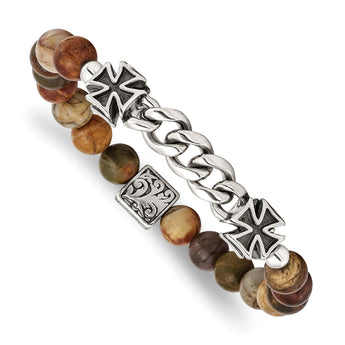Stainless Steel Antiqued and Polished Cross 8mm Natural Turquoise Beaded Stretch Bracelet - Birthstone Company