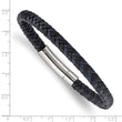 Stainless Steel Polished Black and Blue Braided Leather 8.25in Bracelet
