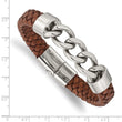 Stainless Steel Polished Chain and Brown Leather 8.25in Bracelet