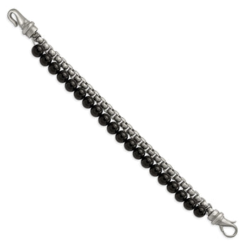 Stainless Steel Brushed Box Chain & Black Onyx 2 Strand 8.5in Bracelet - Birthstone Company