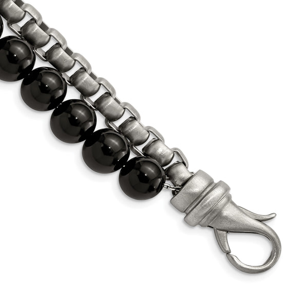 Stainless Steel Brushed Box Chain & Black Onyx 2 Strand 8.5in Bracelet - Birthstone Company