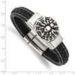 Stainless Steel Antiqued & Polished Spider Blk Faux Leather 8.5in Bracelet