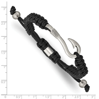 Stainless Steel Brushed Fishing Hook Black Nylon Adjustable Bracelet - Birthstone Company