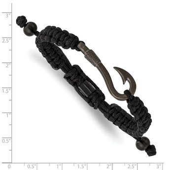 Chisel Stainless Steel Brushed Gun Metal IP-plated Fishing Hook Black Nylon Adjustable Bracelet - 6 to 9