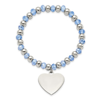 Stainless Steel Polished w/Blue Glass Beads Heart Dangle Stretch Bracelet - Birthstone Company