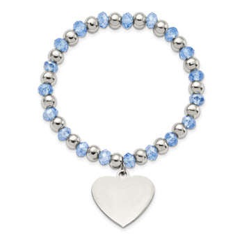 Stainless Steel Polished w/Blue Glass Beads Heart Dangle Stretch Bracelet