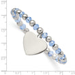 Stainless Steel Polished w/Blue Glass Beads Heart Dangle Stretch Bracelet