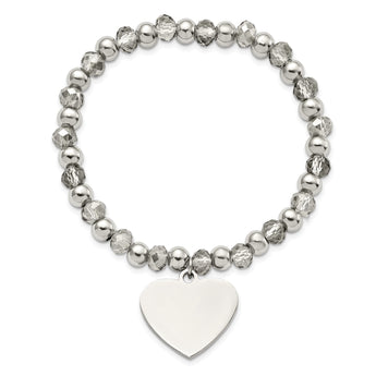 Stainless Steel Polished w/Grey Glass Beads Heart Dangle Stretch Bracelet - Birthstone Company