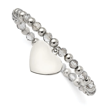 Stainless Steel Polished w/Grey Glass Beads Heart Dangle Stretch Bracelet - Birthstone Company