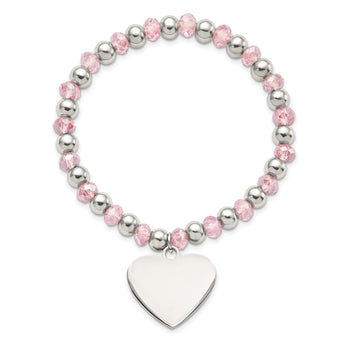 Stainless Steel Polished w/Pink Glass Beads Heart Dangle Stretch Bracelet