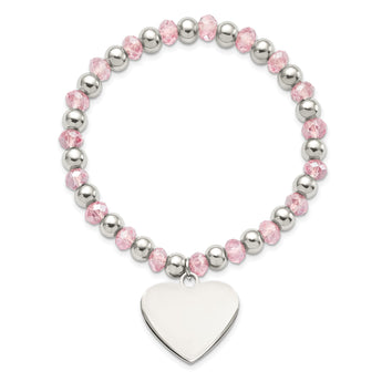 Stainless Steel Polished w/Pink Glass Beads Heart Dangle Stretch Bracelet - Birthstone Company