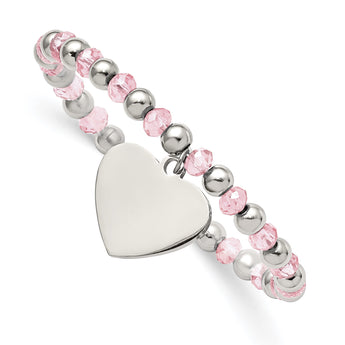 Stainless Steel Polished w/Pink Glass Beads Heart Dangle Stretch Bracelet - Birthstone Company