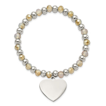 Stainless Steel Polished with Glass Beads Heart Dangle Stretch Bracelet