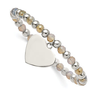 Stainless Steel Polished with Glass Beads Heart Dangle Stretch Bracelet - Birthstone Company