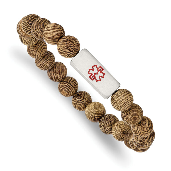 Stainless Steel Brushed with Enamel Medical ID Wenge Wood Bracelet - Birthstone Company