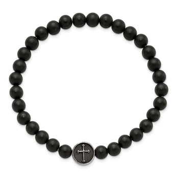 Stainless Steel Antiqued & Polished Black Agate Cross Stretch Bracelet - Birthstone Company