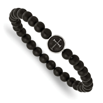 Stainless Steel Antiqued & Polished Black Agate Cross Stretch Bracelet - Birthstone Company