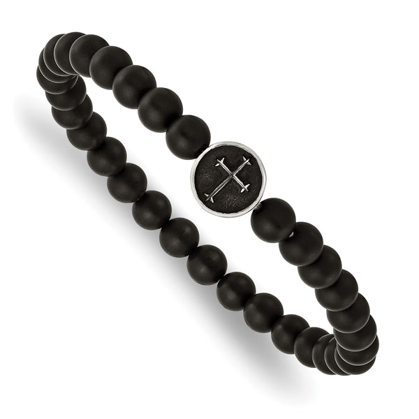 Stainless Steel Antiqued & Polished Black Agate Cross Stretch Bracelet - Birthstone Company