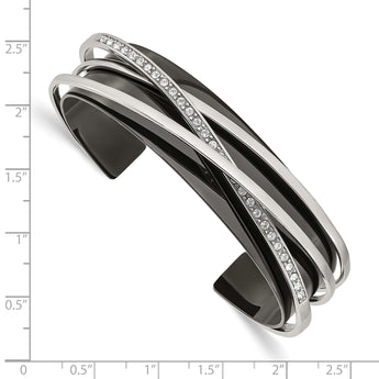 Stainless Steel Polished Black IP-plated w/Swarovski Layered Cuff Bangle - Birthstone Company