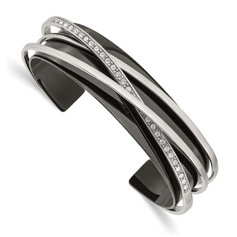 Stainless Steel Polished Black IP-plated w/Swarovski Layered Cuff Bangle - Birthstone Company