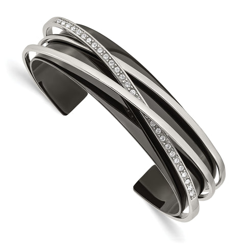 Stainless Steel Polished Black IP-plated w/Crystal Layered Cuff Bangle - Birthstone Company