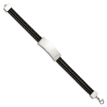 Stainless Steel Polished Black Leather Multi Strand 8in ID Bracelet