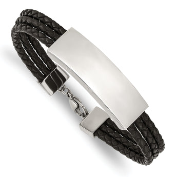 Chisel Stainless Steel Polished Black Woven Leather Multi Strand 8 inch ID Bracelet