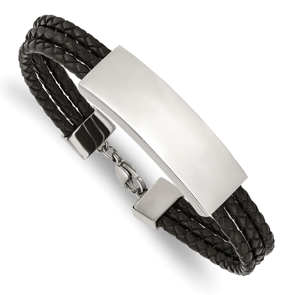 Chisel Stainless Steel Polished Black Woven Leather Multi Strand 8 inch ID Bracelet