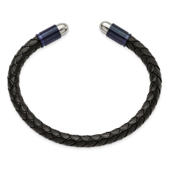 Stainless Steel Brushed & Polished Dark Grey IP Blk Leather Flexible Bangle