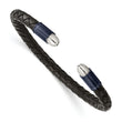 Chisel Stainless Steel Brushed and Polished Dark Grey IP-plated Black Leather Flexible Cuff Bangle