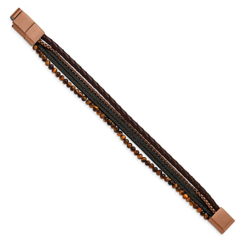Chisel Stainless Steel Polished Brown IP-plated Multi Strand Tiger's Eye Beaded Black and Brown Leather 8 inch Bracelet with .5 inch Extension