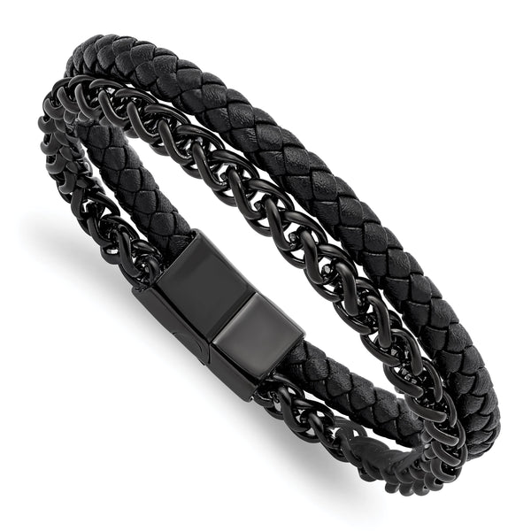 Chisel Stainless Steel Polished Black IP-plated Chain and Black Leather 8.5 inch Bracelet
