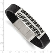 Stainless Steel Antiqued & Polished Black Leather w/.5in ext 8in Bracelet