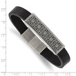 Stainless Steel Antiqued & Polished Black Leather w/.5in ext 8in Bracelet