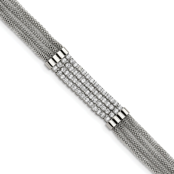 Chisel Stainless Steel Polished with CZ Mesh Multi Strand 6.5 inch Bracelet with 1.5 inch Extension