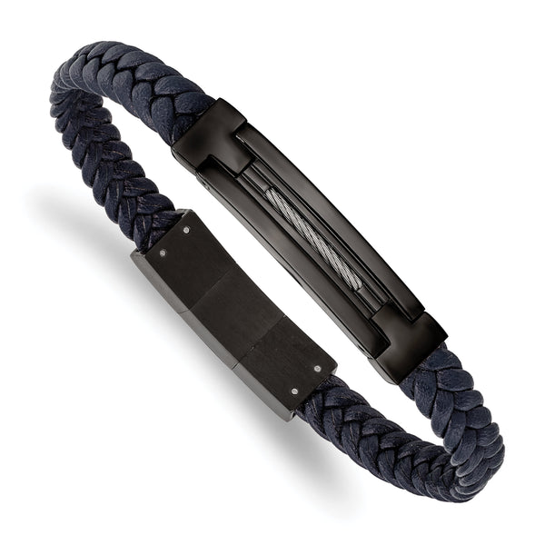 Chisel Stainless Steel Polished Black IP-plated Navy Blue Braided Leather 8 inch Bracelet with .5 inch Extension