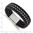 Chisel Stainless Steel Polished Black Woven Leather and Chain 8.5 inch Bracelet