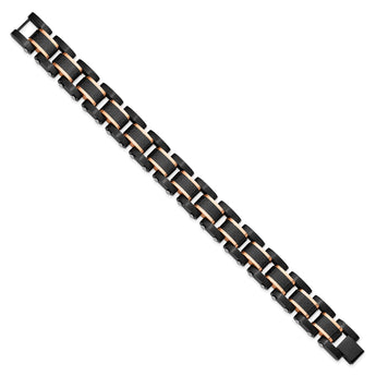 Chisel Stainless Steel Brushed and Polished Black and Rose IP-plated with Black Carbon Fiber Inlay 8.5 inch Link Bracelet