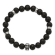 Chisel Stainless Steel Antiqued and Polished Black Agate Beaded with Skulls Stretch Bracelet