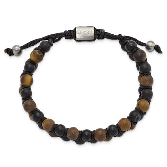 Chisel Tiger's Eye Black Agate Black Nylon Bracelet in Stainless Steel, 12mm