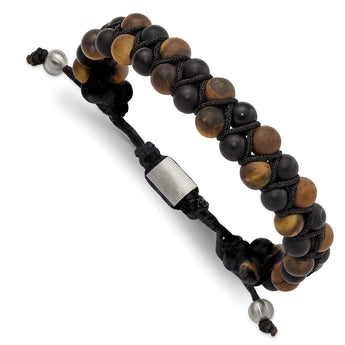 Chisel Tiger's Eye Black Agate Black Nylon Bracelet in Stainless Steel, 12mm