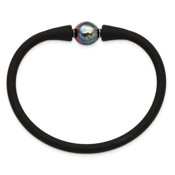 Chisel Freshwater Pearl Black Silicone Bracelet in Stainless Steel, 4mm