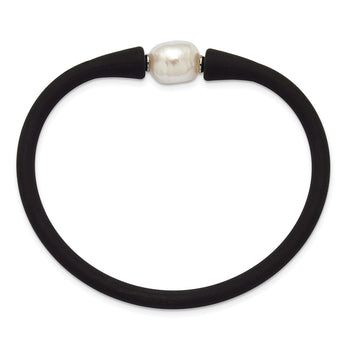 Chisel White Freshwater Pearl Black Silicone Bracelet in Stainless Steel, 4mm